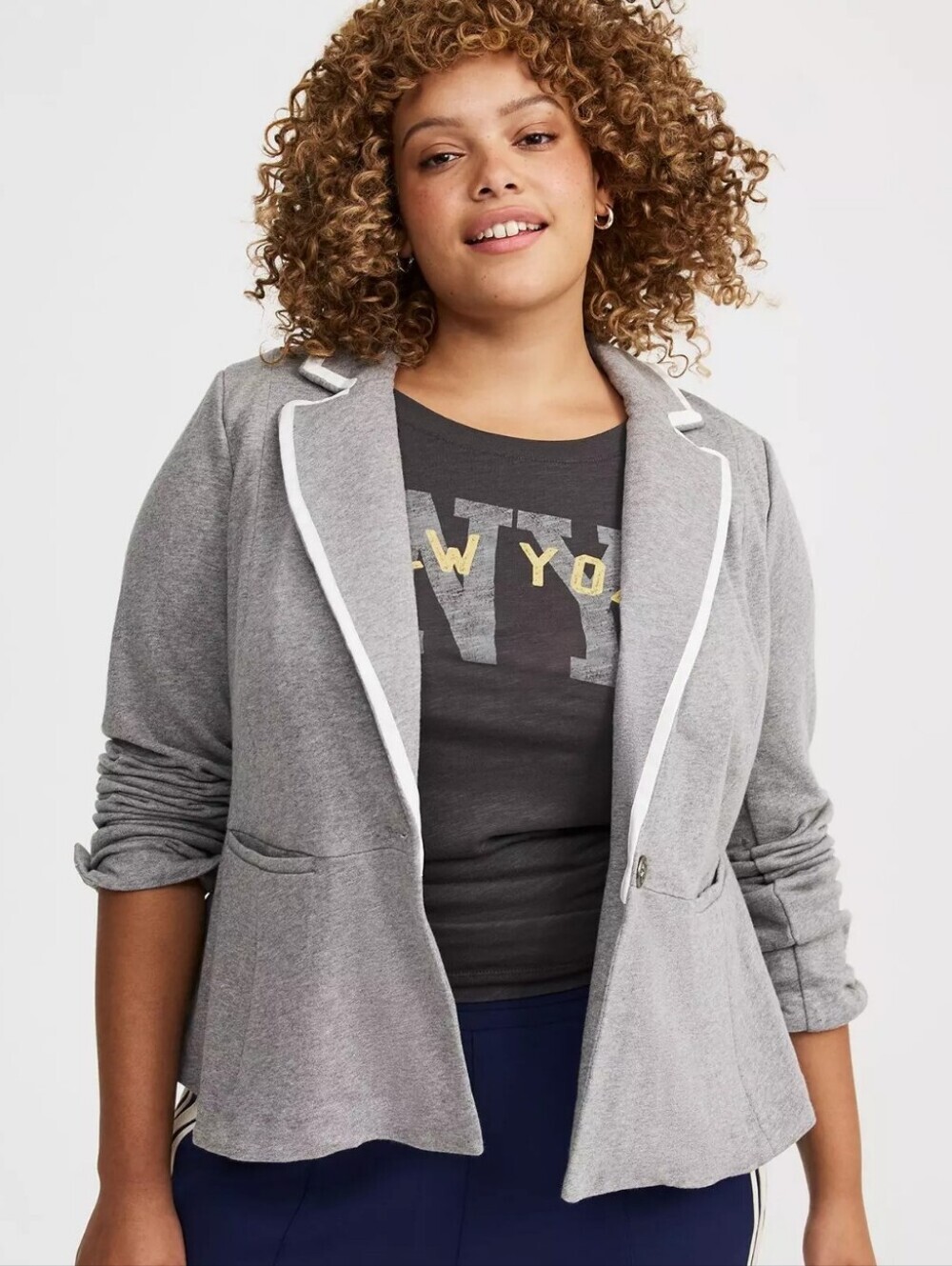 Torrid French Terry Peplum Blazer Gray With White Trim Plus Size 1X
